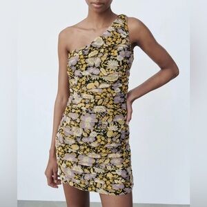 Zara One Shoulder Floral Mini Dress Purple Gold Medium